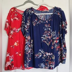Evri, size 1X Women' tops. One is red and floral, the other is blue and floral.